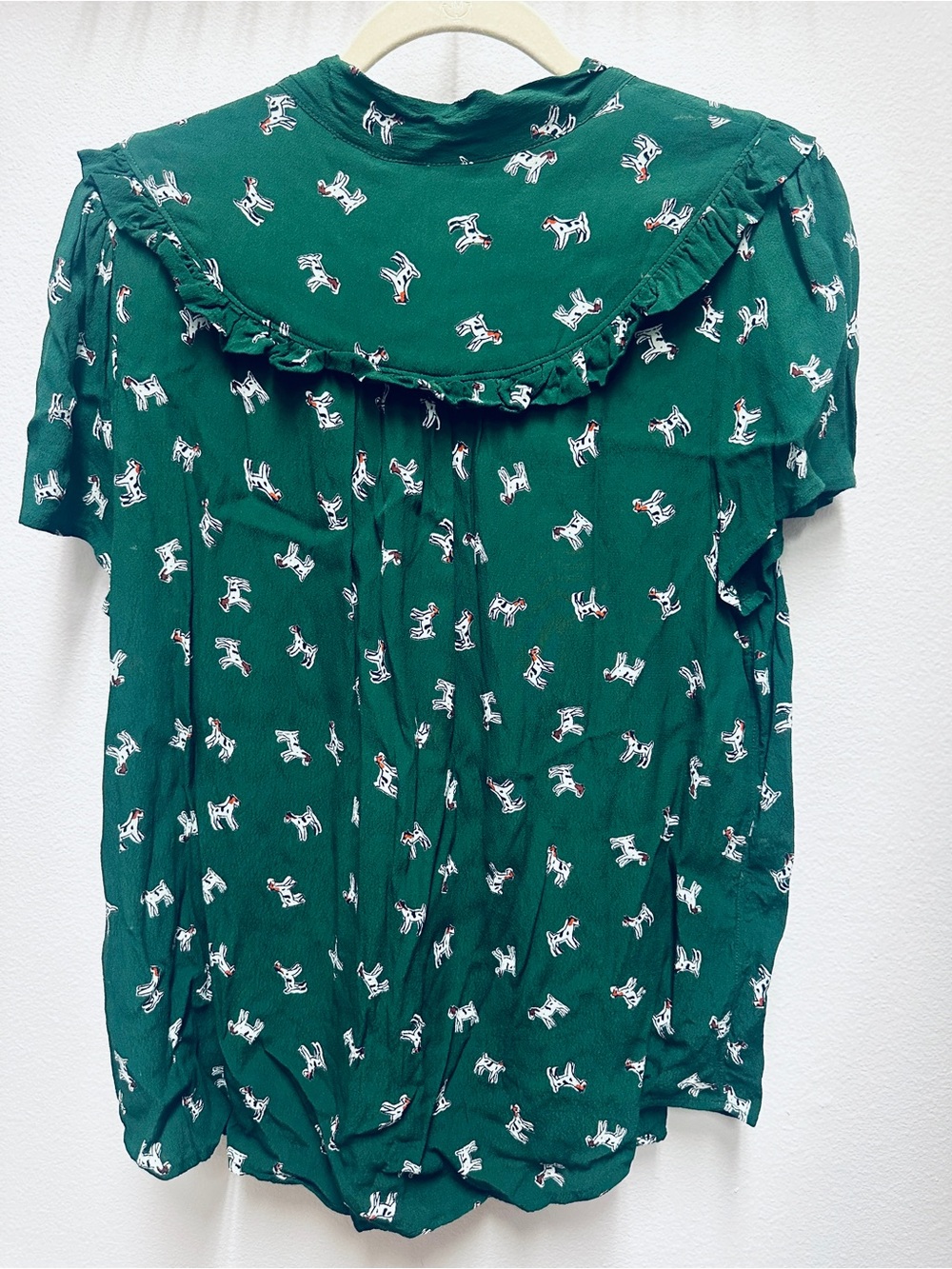 Anthropologie Maeve Adagio Dog Print Green Ruffled Bow-tie Blouse XL Animal Boho - Picture 5 of 7